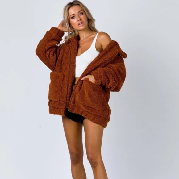 Princess Polly Cozy Brown Sherpa Jacket Oversized Size Small/Medium - Picture 1 of 5